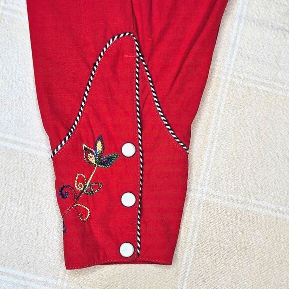 ABS California Red Colorful Embroidery Pearl Snap Buttons Western Rodeo Blouse - Picture 7 of 15
